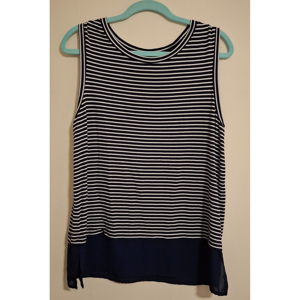 Tahari Womens Large Tank Top Navy Blue White Striped Chiffon‎ Hem Sleeveless